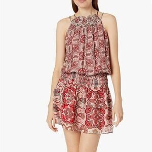 Ramy Brook Brady Medallion Print Chiffon Ruffle Mini Dress‎ M Red Beige